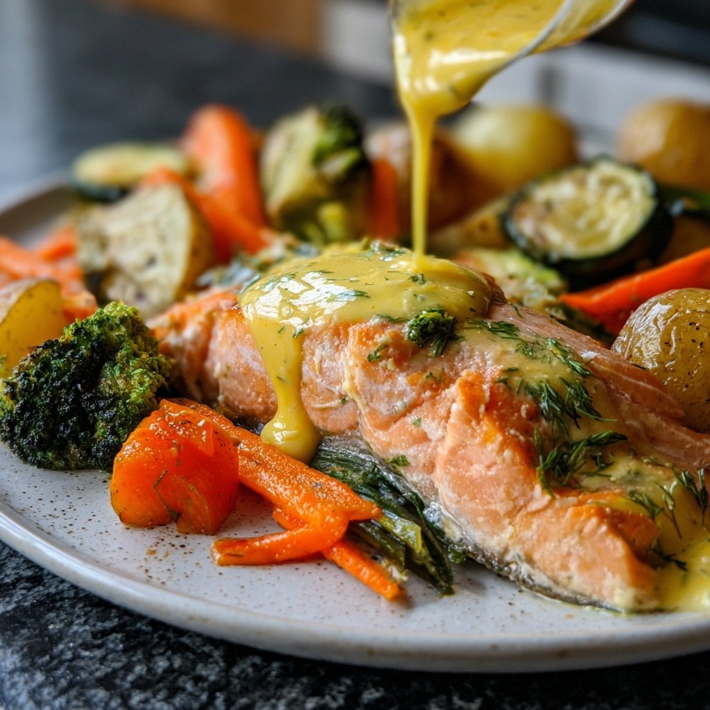 Lachs mit Ofengemüse & Zitronen-Dill-Sauce