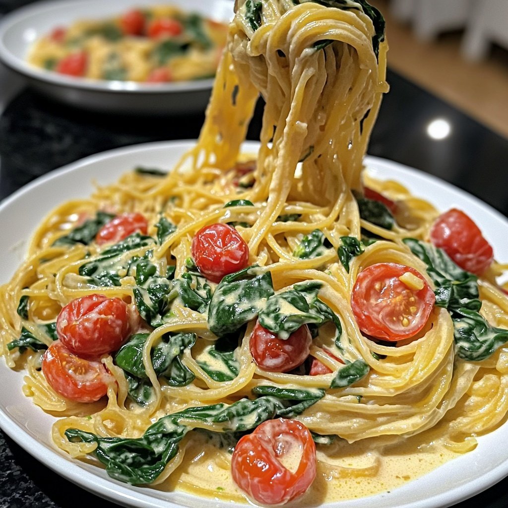One-Pot Pasta mit Tomaten & Spinat